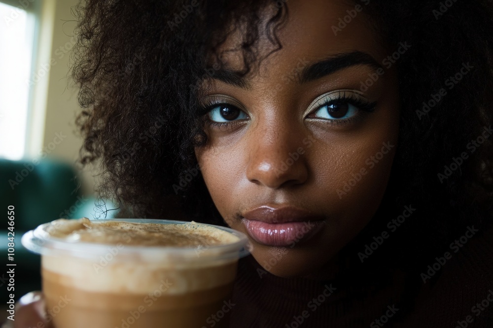 An Afroamerican woman with brown, curly hair is taking a selfie while holding a coffee drink close to her face. She appears relaxed and focused, with a cozy indoor background.