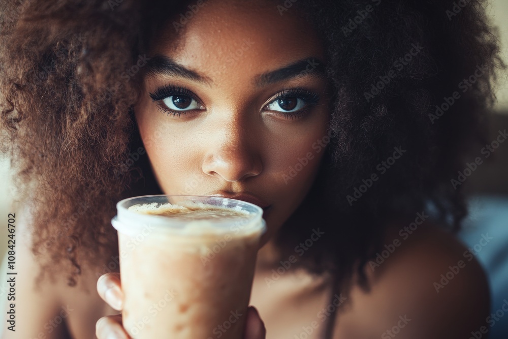 An Afroamerican woman with brown hair is enjoying a cold beverage in a warm, inviting space. She looks directly at the camera, radiating joy and comfort in her surroundings.