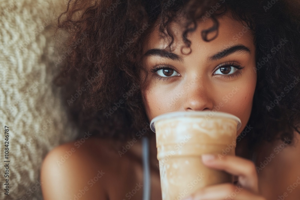 An Afroamerican woman with brown hair is sitting comfortably indoors, holding a cold beverage close to her face. Her expression is contemplative as she enjoys her time in a cozy setting.
