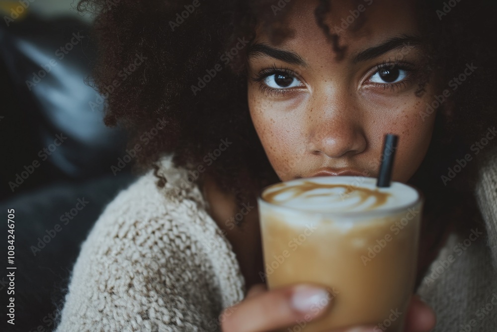 An Afroamerican woman with brown hair is smiling softly while holding a glass of coffee close to her face. She is sitting indoors, enjoying a cozy moment, with a light sweater on.