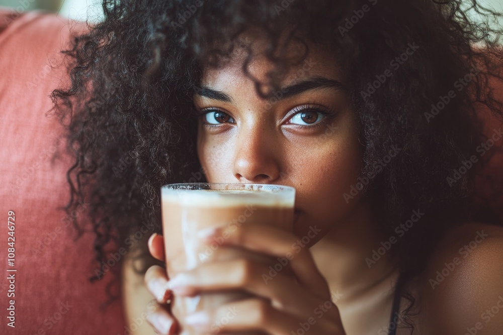 An Afroamerican woman with curly brown hair takes a moment to enjoy a warm drink while seated comfortably on a plush couch.
