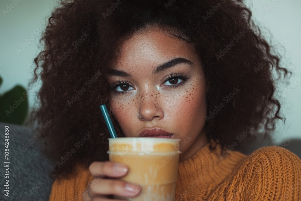 An Afroamerican woman with curly brown hair takes a selfie while holding a drink. She is indoors, dressed comfortably, and has a thoughtful expression as she poses with her beverage.