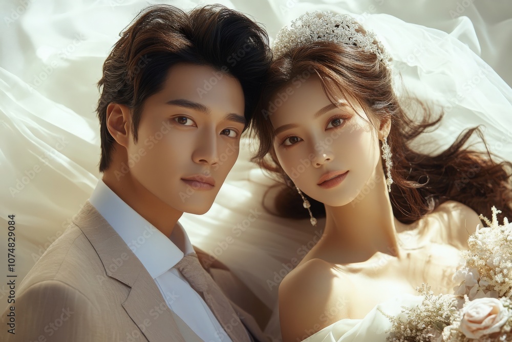 An Asian couple poses lovingly for their wedding portraits, showcasing soft smiles and intricate bridal attire. The setting captures a romantic atmosphere, highlighting their joy and connection.