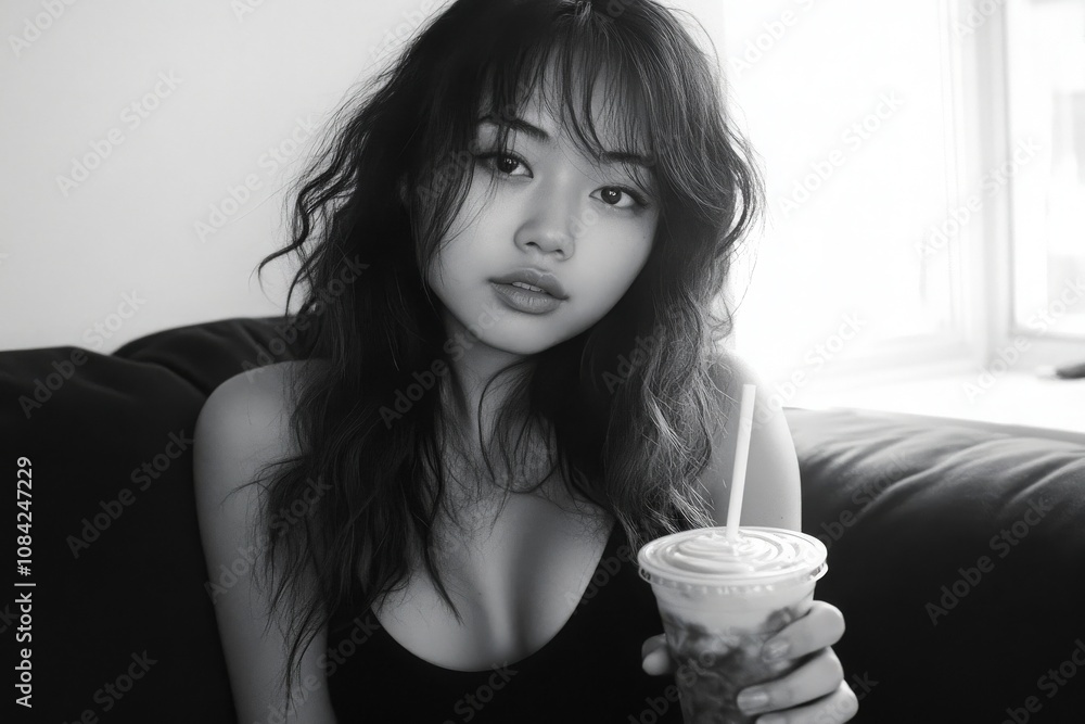An Asian woman poses for a selfie at her home, covering her face with her hand. She has heavy makeup on and is holding a drink, surrounded by soft lighting from a window.
