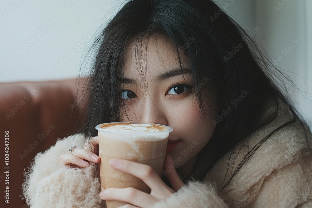 An Asian woman poses for a selfie, covering her face with her hands. She wears heavy makeup and has long hair. The atmosphere is warm and inviting, with a drink in her hand.