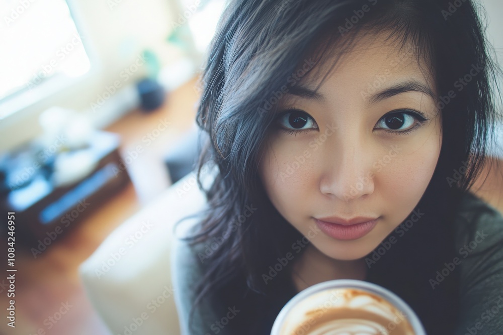 An Asian woman poses for a selfie in her cozy indoor space. She covers her face with her hand and showcases her heavy makeup, holding a drink in the other hand, capturing a moment of self-expression.