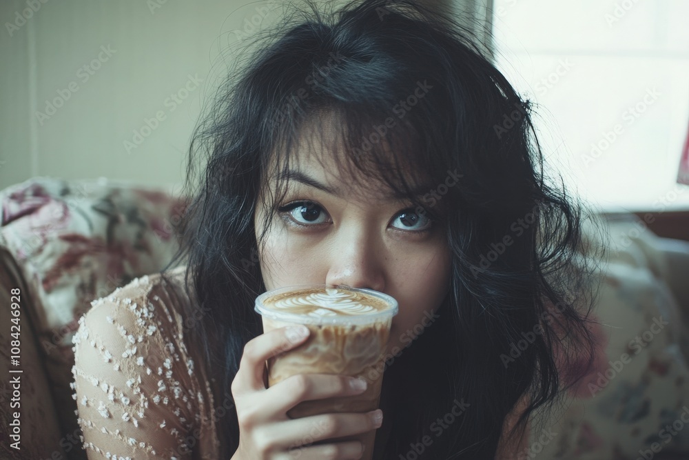An Asian woman poses for a selfie, partially hiding her face behind a cup. Her heavy makeup accentuates her features. The background reveals a cozy indoor setting with soft lighting.