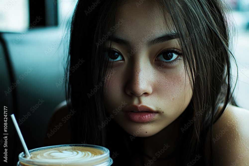 An Asian woman poses for a selfie, using her hand to cover her face. She is wearing heavy makeup and is seated indoors, likely in a cafe. The lighting is soft and emphasizes her features.