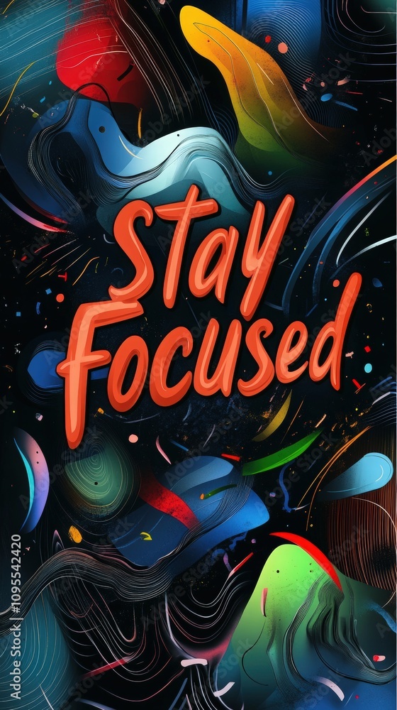 An abstract artwork features dynamic swirls of color with the phrase stay focused boldly displayed in the center. The design captures attention with its energetic and lively feel.