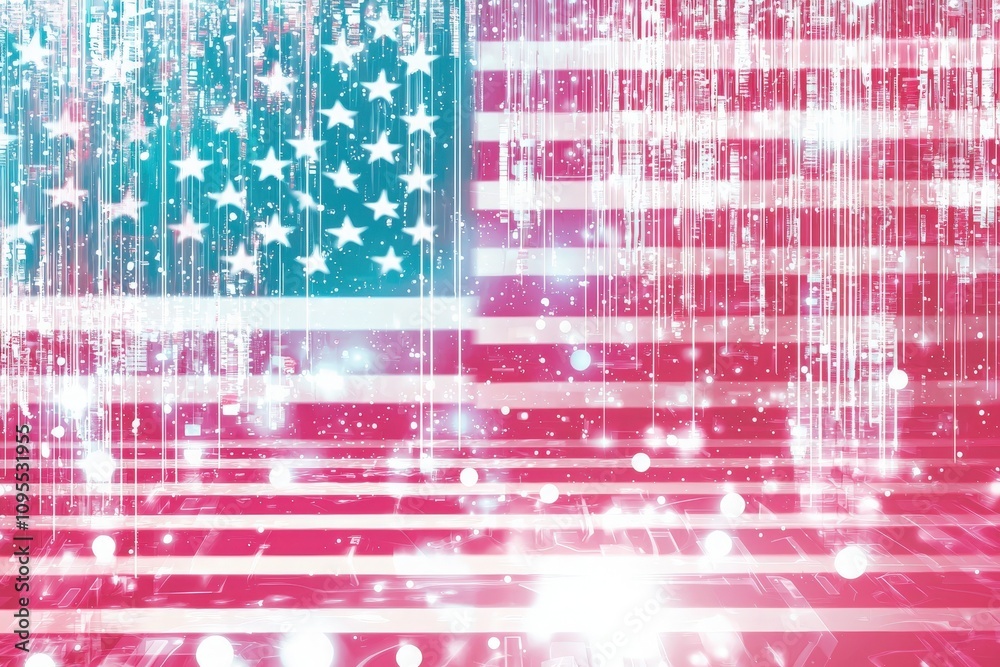 An abstract artwork features the American flag with vivid colors and a cascade of light effects. The design blends traditional elements with a contemporary style, creating a striking visual.