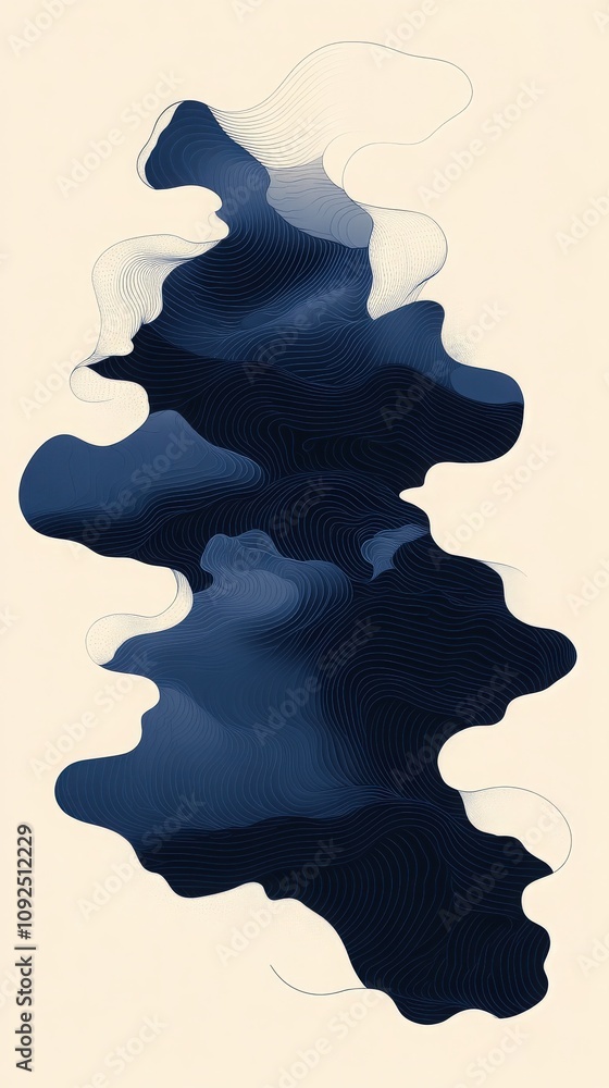 An abstract design features a dark blue organic shape with wavy lines and smooth contours, set against a soft light background, evoking feelings of tranquility and fluidity.