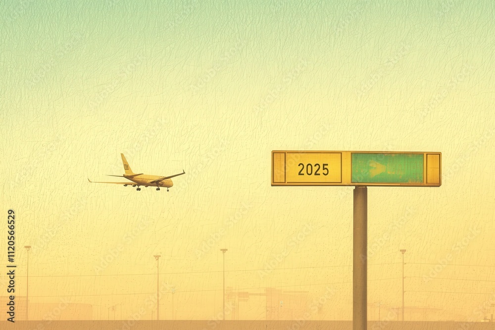 An airplane approaches landing at an airport as a directional sign labeled 2025 stands nearby. The sky is painted in warm sunset hues, creating a serene atmosphere.