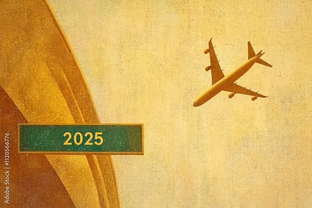 An airplane ascends into the sky against a textured warm background signifying the year 2025, representing travel and exploration in a hopeful future.
