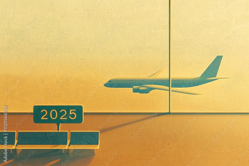 An airplane is seen flying past a terminal window, illuminated by a warm sunset glow. The year 2025 is prominently displayed at the gate area, suggesting a futuristic setting.