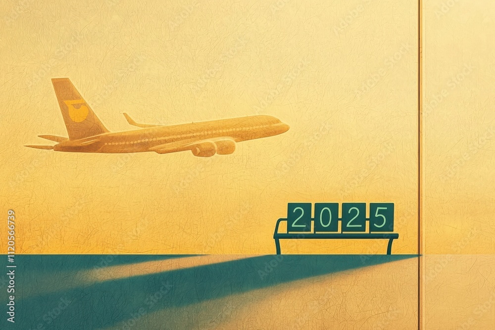 An airplane is soaring high above a countdown board showing the year 2025. The warm sunset casts a golden hue over the scene, creating a peaceful yet anticipatory atmosphere.