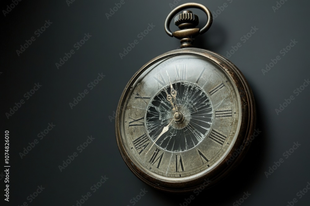 An antique pocket watch featuring a cracked glass face hangs against a dark background. The wear and tear reveal its age and history, making it a fascinating item for collectors or enthusiasts.
