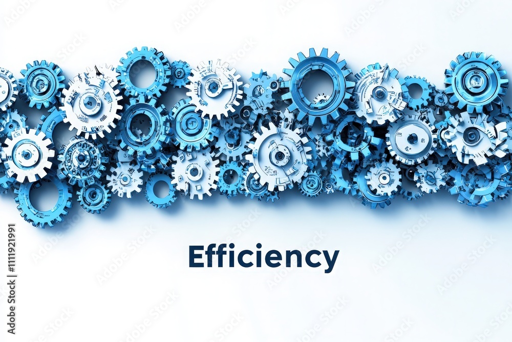 An arrangement of various blue and white gears and cogs presents a visual representation of efficiency.