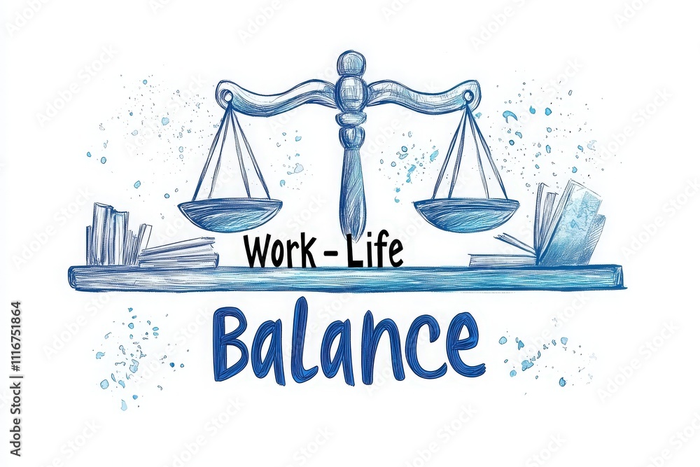 An artistic depiction shows a balanced scale representing work-life balance. On one side, there are books and the other side has a blank space, symbolizing equilibrium in daily life.