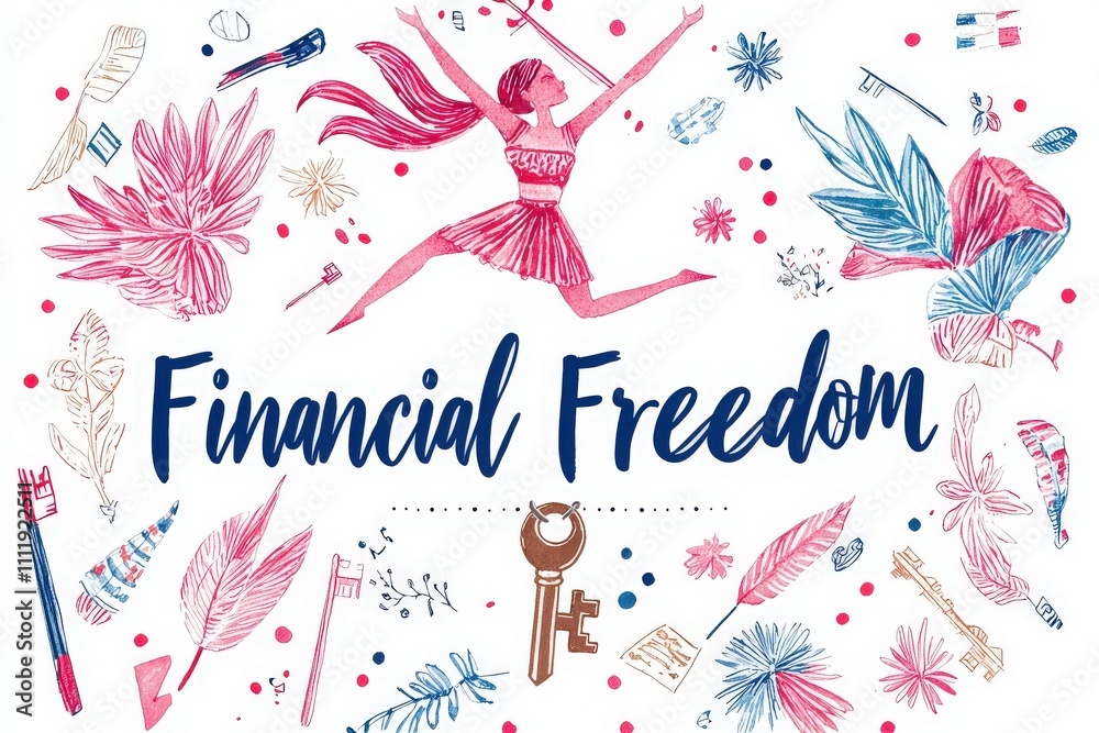 An artistic representation emphasizing financial freedom, featuring vibrant illustrations and a dynamic figure. The design blends floral motifs and keys, symbolizing unlocking potential.