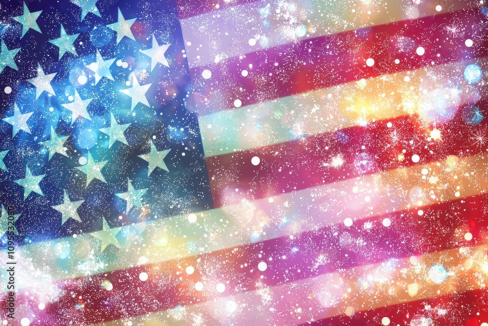 An artistic representation of an American flag overlayed with vibrant colors and sparkling lights. This festive design embodies the spirit of national celebrations and pride.