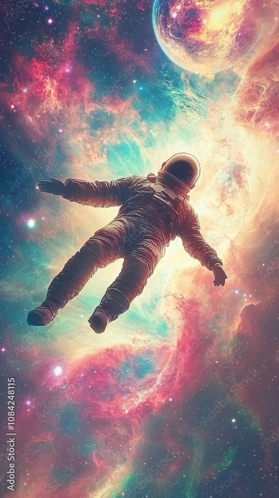An astronaut drifts freely in the cosmos, surrounded by vibrant cosmic colors and a distant planet. This unique moment captures the beauty and mystery of space exploration.