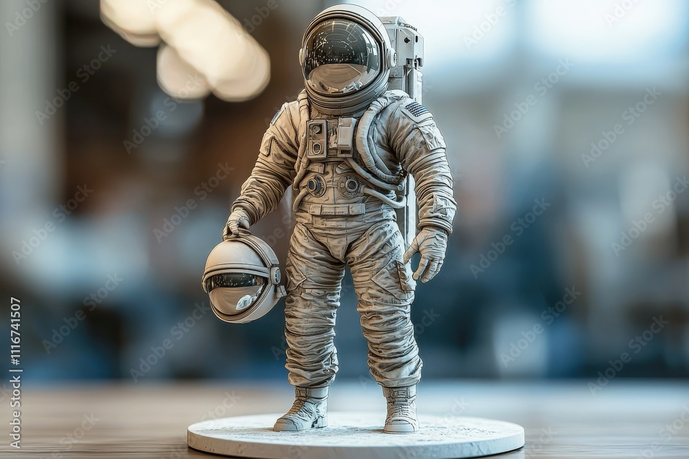 An astronaut figurine displays intricate details in a bright workspace. The models helmet is reflective, and its suit features realistic textures. Perfect for collectors and space enthusiasts alike.