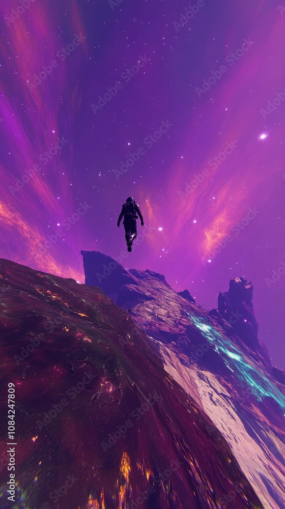 An astronaut floats gracefully above a distant planet, surrounded by a stunning display of colorful gases and stars. The peculiar landscape and vibrant colors create a captivating cosmic exploration.