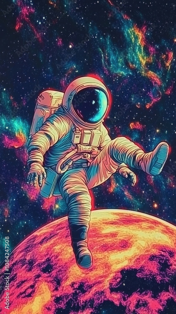 An astronaut floats gracefully above a vividly colored planet, surrounded by a stunning cosmic backdrop filled with stars and nebulous clouds. The exploration evokes a sense of wonder and adventure.