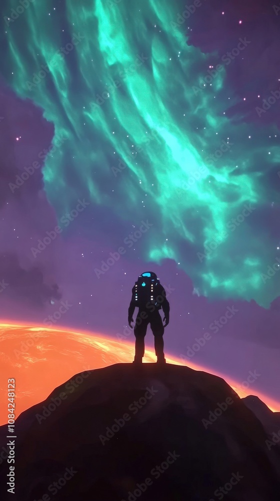 An astronaut floats peacefully above a colorful alien planet, gazing at the mesmerizing auroras illuminating the dark sky. The vibrant hues of green and purple fill the cosmic atmosphere.