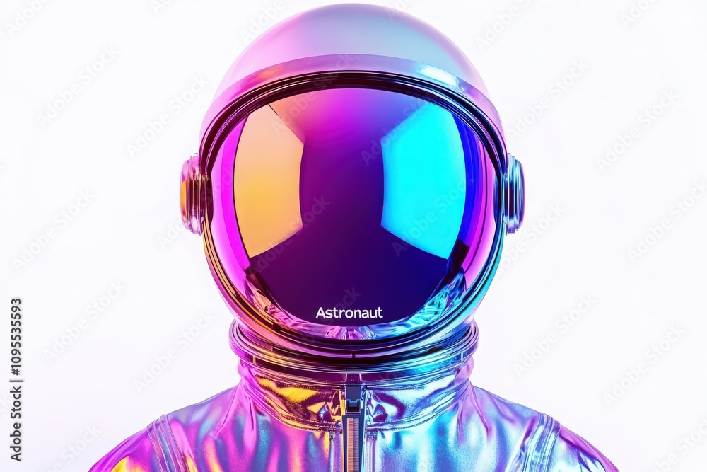 An astronaut helmet shines with a blend of colors, featuring a large reflective visor. The design conveys a futuristic theme, emphasizing the beauty and innovation of space exploration.