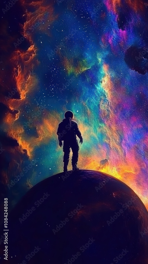 An astronaut hovers in the vastness of space above a distant, colorful planet. The incredible display of cosmic colors and swirling patterns creates a breathtaking backdrop for the exploration.