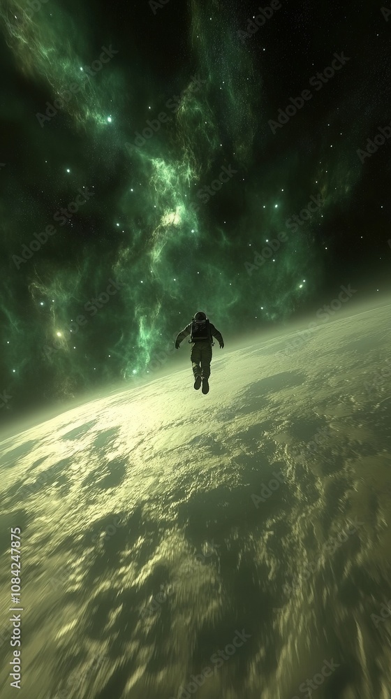 An astronaut is floating in the vastness of space above a remote planet, with a stunning green nebula illuminating the background.