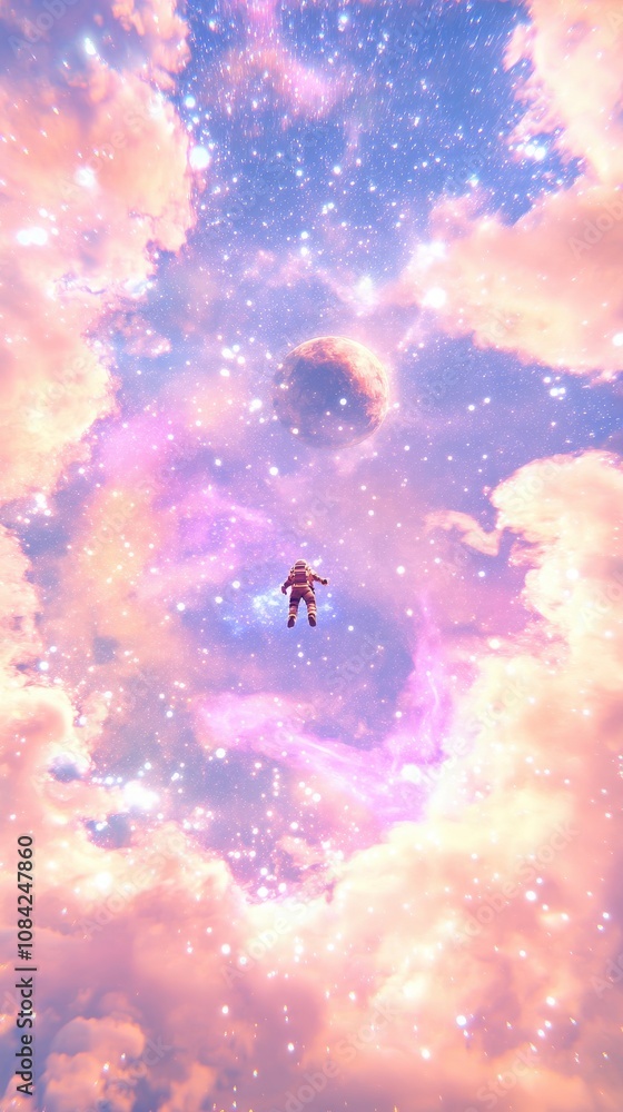 An astronaut is floating in the vastness of space, high above a vibrant, distant planet. Swirling clouds and shimmering stars create a breathtaking cosmic backdrop.