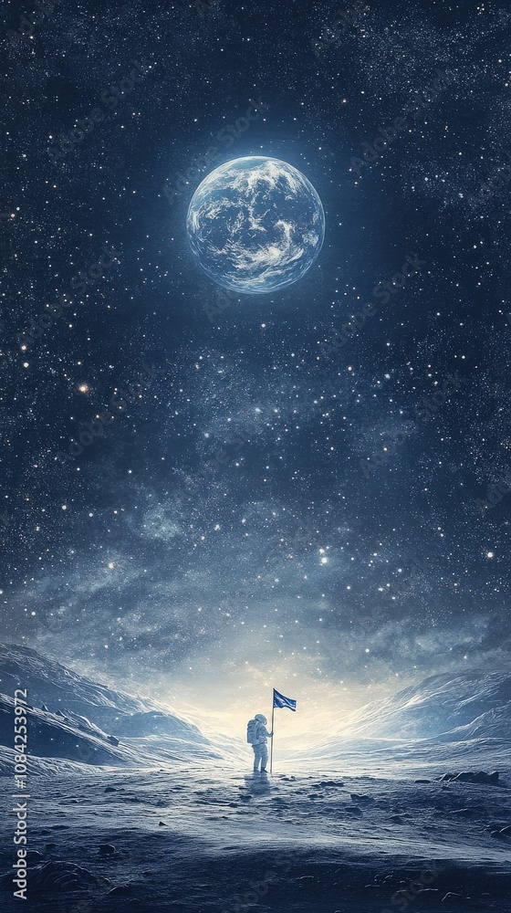 An astronaut stands on the lunar surface, planting a flag while Earth glows brightly in the background. The starry sky creates a breathtaking cosmic atmosphere, showcasing the vastness of space.
