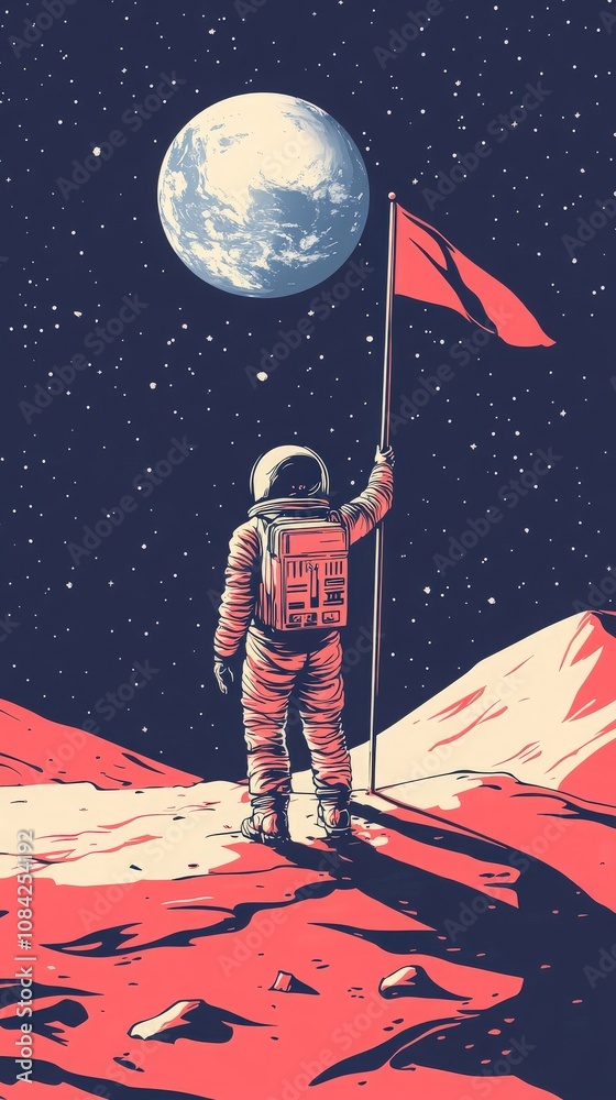 An astronaut stands on the lunar surface, proudly planting a flag against a backdrop of stars and Earth. The moment captures the spirit of exploration and adventure in space.
