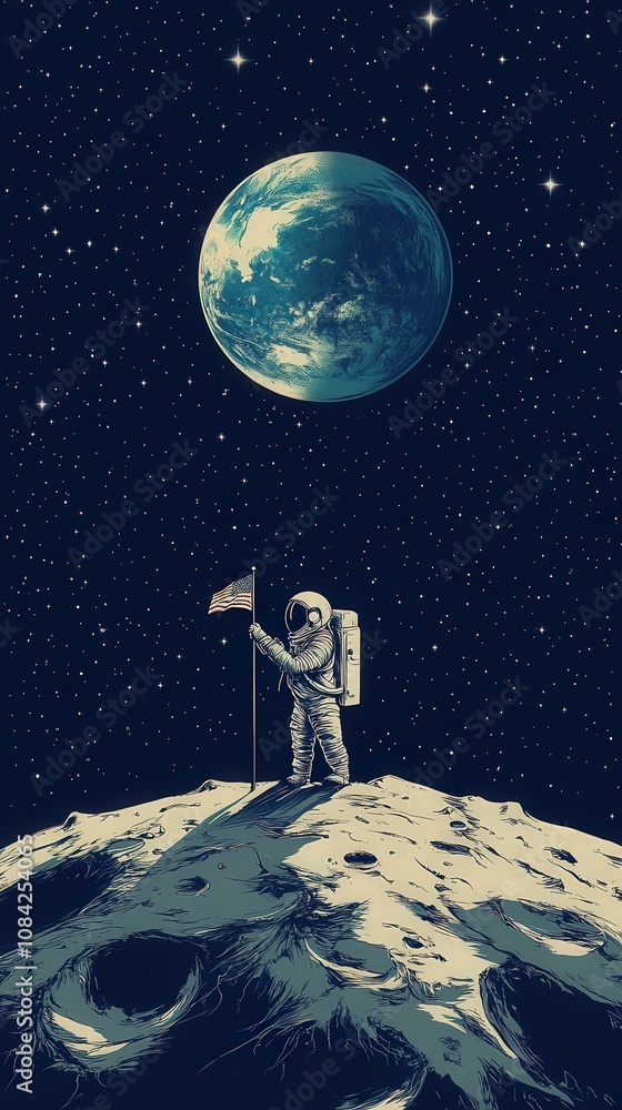 An astronaut stands on the moons surface, planting an American flag. The Earth is visible in the background, showcasing the vastness of space and the lunar landscape during a historic moment.