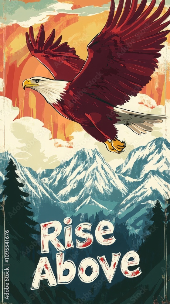 An eagle flies gracefully above rugged mountains, surrounded by a vibrant sunset. Below, towering pine trees frame the scene, emphasizing the beauty and power of nature.