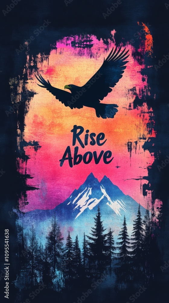 An eagle flies gracefully above snow-capped mountains, surrounded by dark trees. The sky displays vivid hues of orange, pink, and purple, creating a stunning sunset backdrop.
