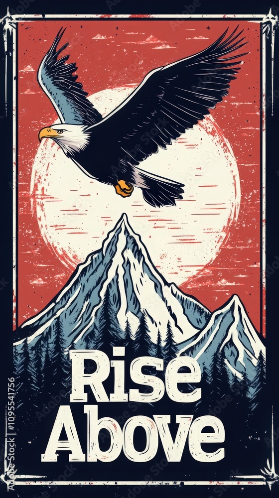 An eagle flies gracefully over snow-capped mountains during a vivid sunset, embodying the spirit of perseverance. The artwork conveys a message of rising above challenges.