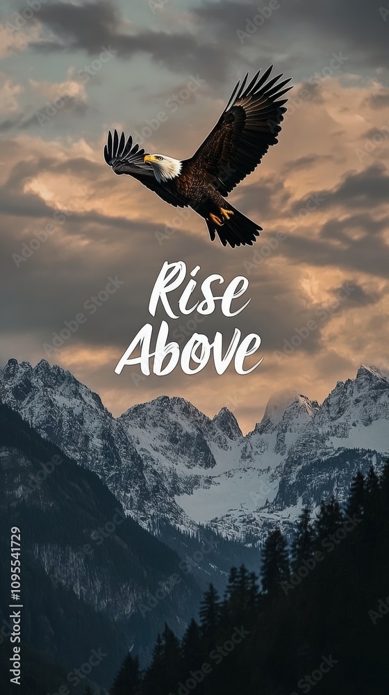 An eagle glides effortlessly through the sky above a stunning mountain range covered in snow.