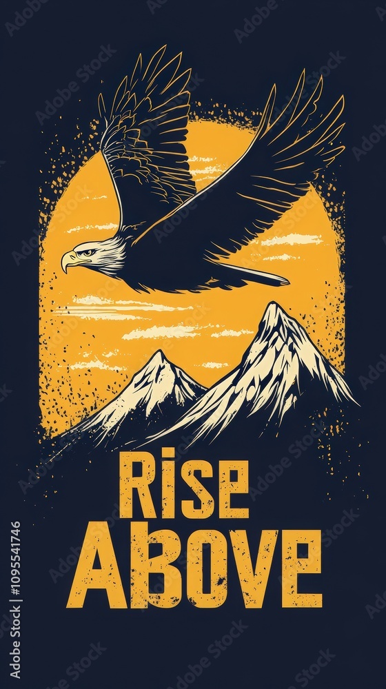 An eagle gracefully flies above majestic snow-capped mountains under a sunset sky. The backdrop features a vibrant orange hue, emphasizing the message to rise above challenges and obstacles.