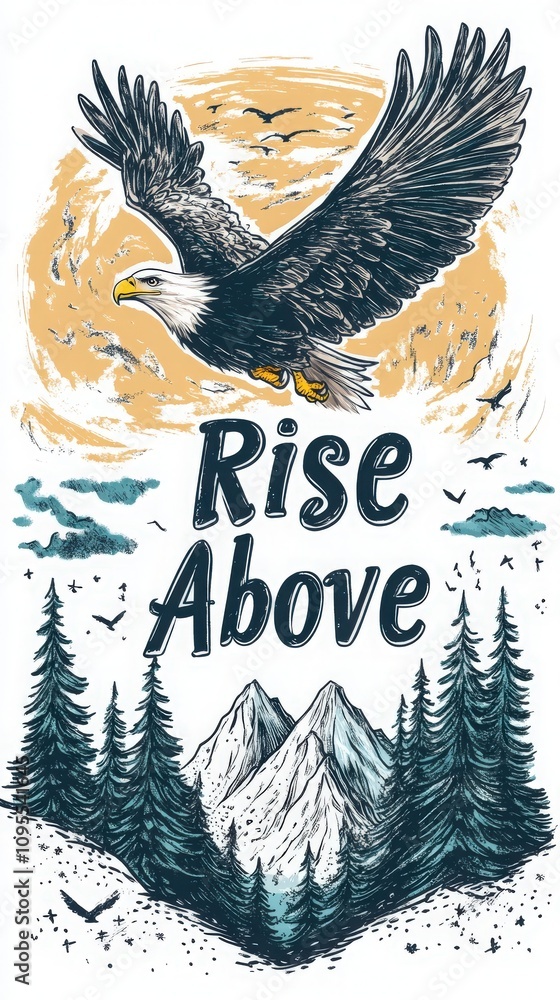 An eagle gracefully flies above tall evergreen trees and rugged mountains. The design features a motivational message about overcoming obstacles and rising above challenges.
