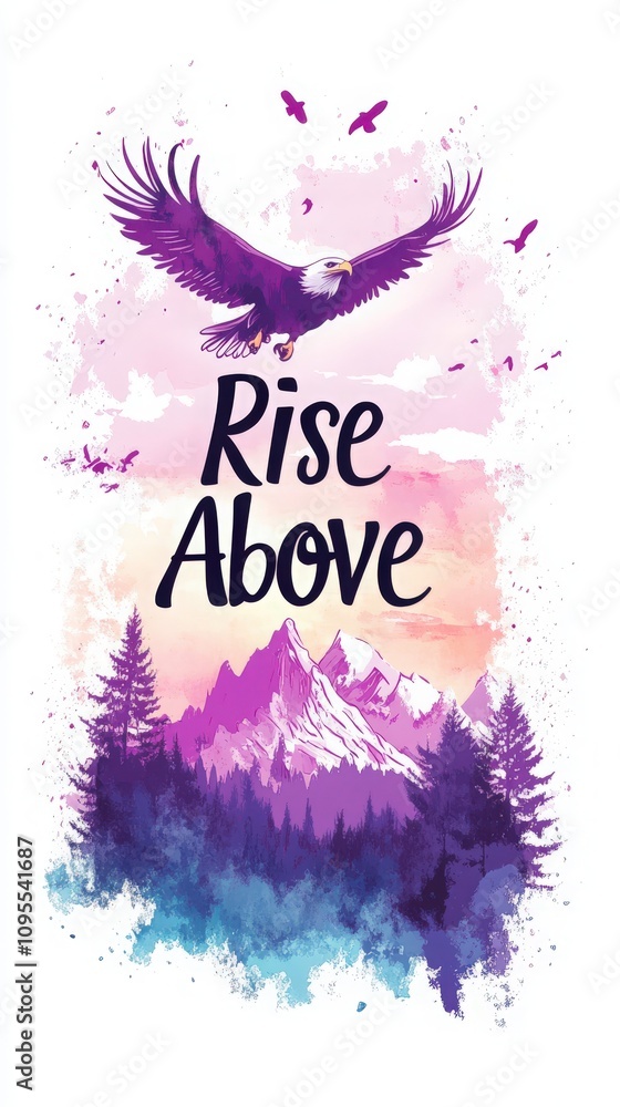 An eagle gracefully soars through a colorful sky above purple mountains and lush forests. The vibrant scenery encourages a spirit of rising above challenges in life.