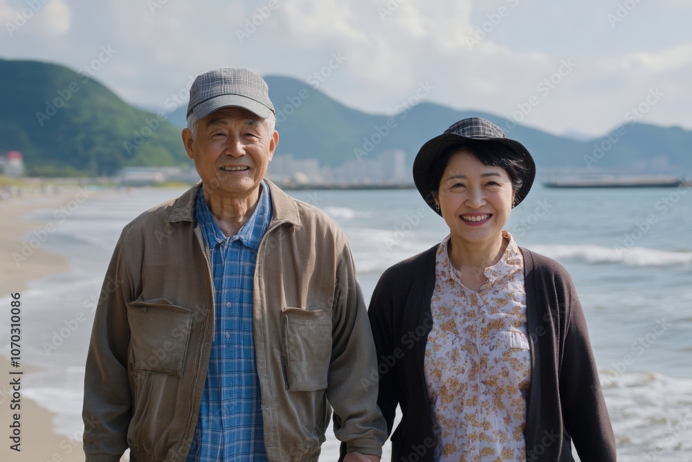 An elderly Asian couple strolls along the sandy beach, hand-in-hand, smiling joyfully as the waves gently lap at their feet. The sun shines brightly, and hills are visible in the background.