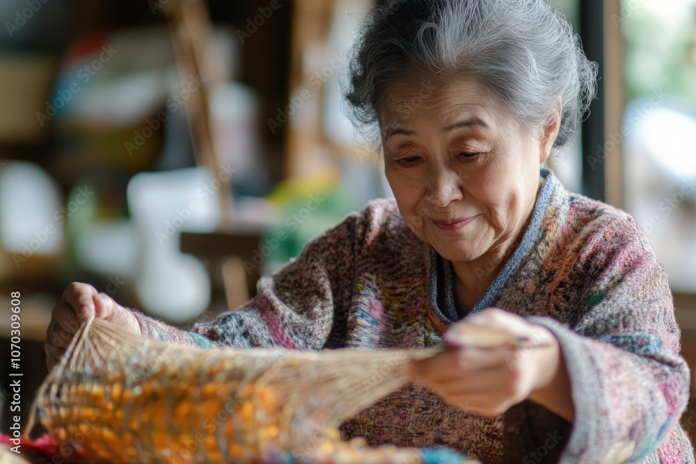 An elderly Asian woman focuses on her weaving project at home, surrounded by natural light and a cozy atmosphere. She expresses joy while crafting a colorful piece, engaging in her favorite hobby.