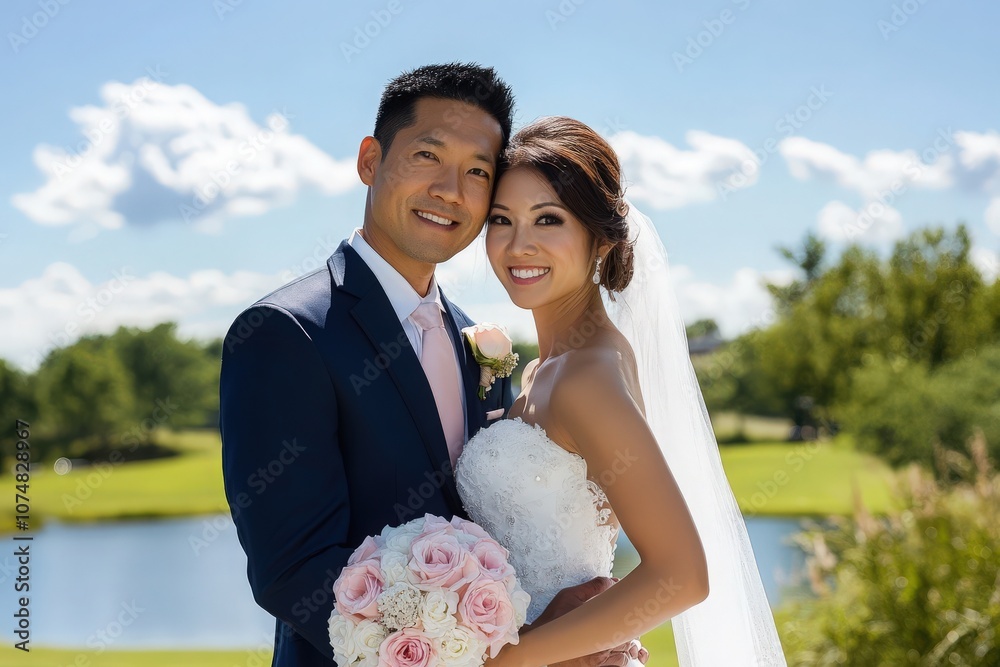 An elegant Asian couple stands by a tranquil lake, beaming with happiness as they hold a bouquet of roses. The sun shines brightly, creating a perfect backdrop for their wedding portraits.