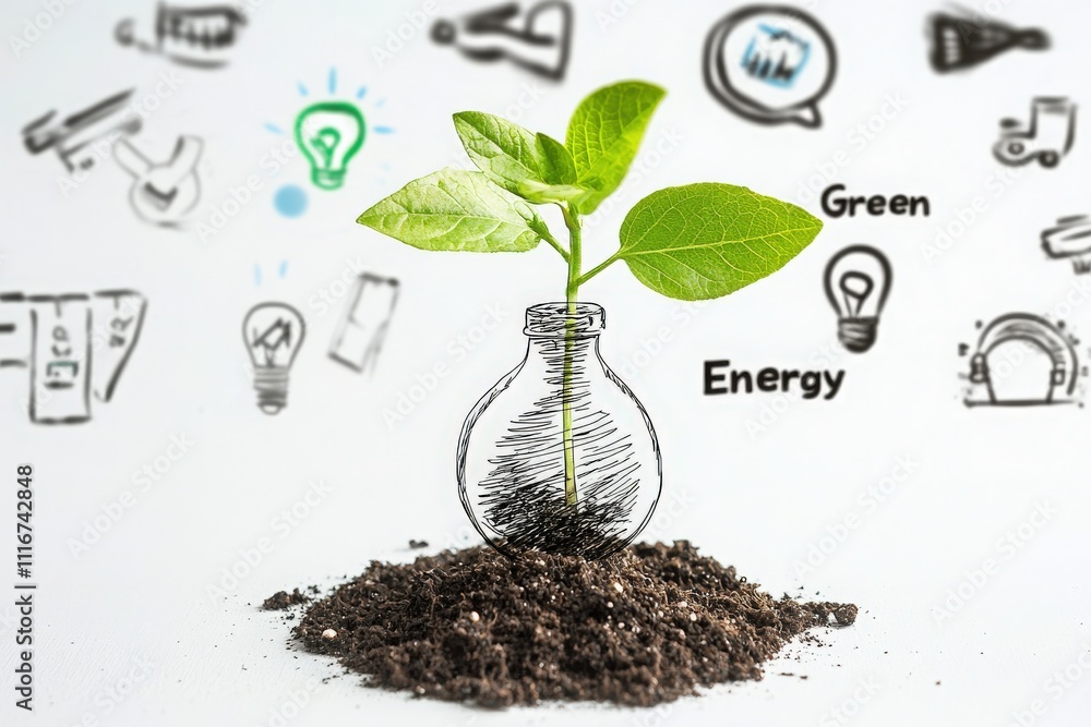 An emerging plant is growing inside a bottle filled with soil, symbolizing sustainability and green energy.