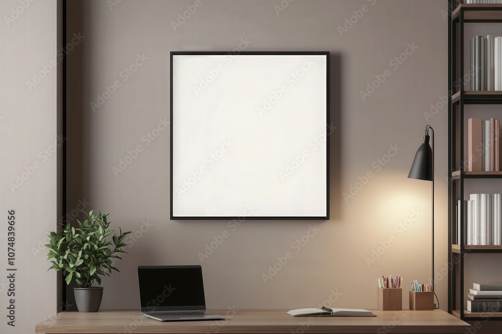 An empty black frame is mounted on a neutral wall in a contemporary workspace. Below, a desk features a laptop, desk lamp, and potted plant, creating an inviting and organized environment.
