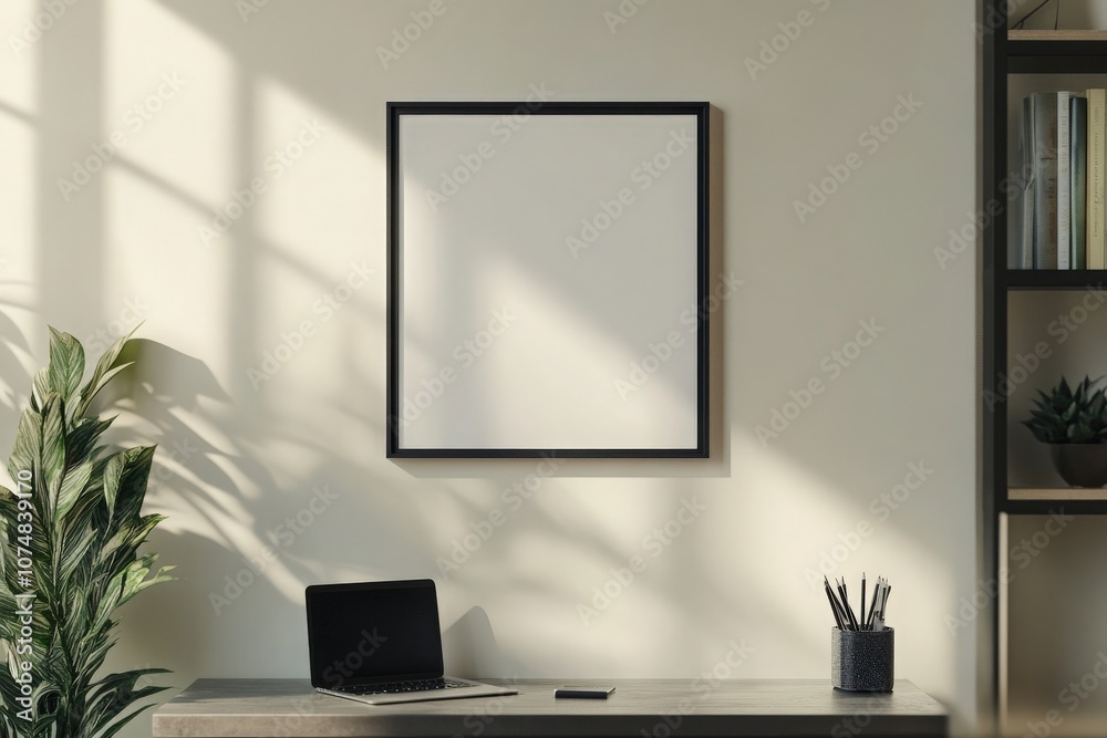 An empty black frame is positioned on a light-colored wall above a minimalist desk. The workspace features a laptop and a pen holder filled with pens, accompanied by a plant for a fresh touch.