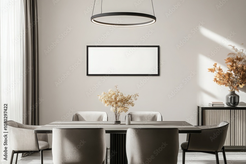 An empty black rectangular frame is displayed on a light-colored wall within a contemporary dining area. The room features stylish furniture and decorative elements, enhancing the overall aesthetic.